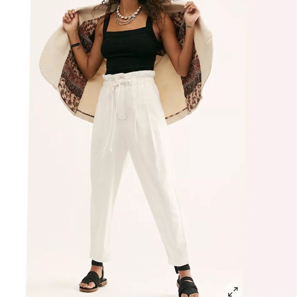 Free People Margate Button Fly Barrel Crop Pants White‎ Paperbag Waist Size XS